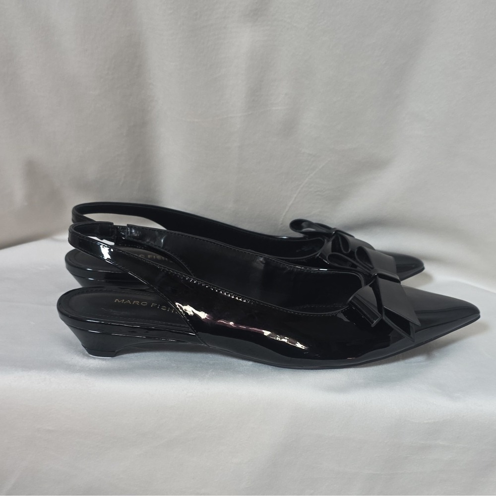 NWOT Marc Fisher Black Patent Leather Bow Pointed Toe Slingback Heels 9M - Picture 9 of 14